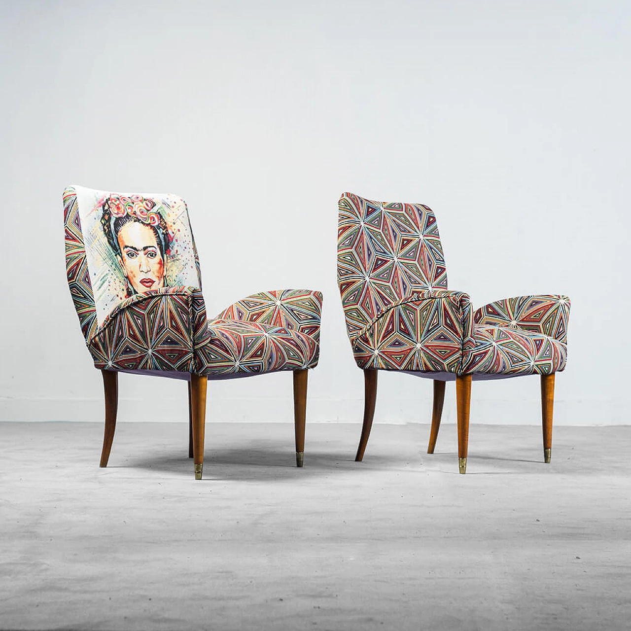 3 Patterned fabric and wood armchairs, 50s 1252886