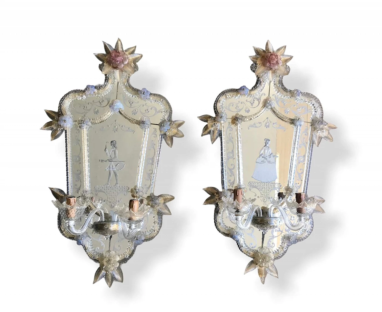 Pair of antique Murano glass wall lamps with mirror, 1930s 1258488