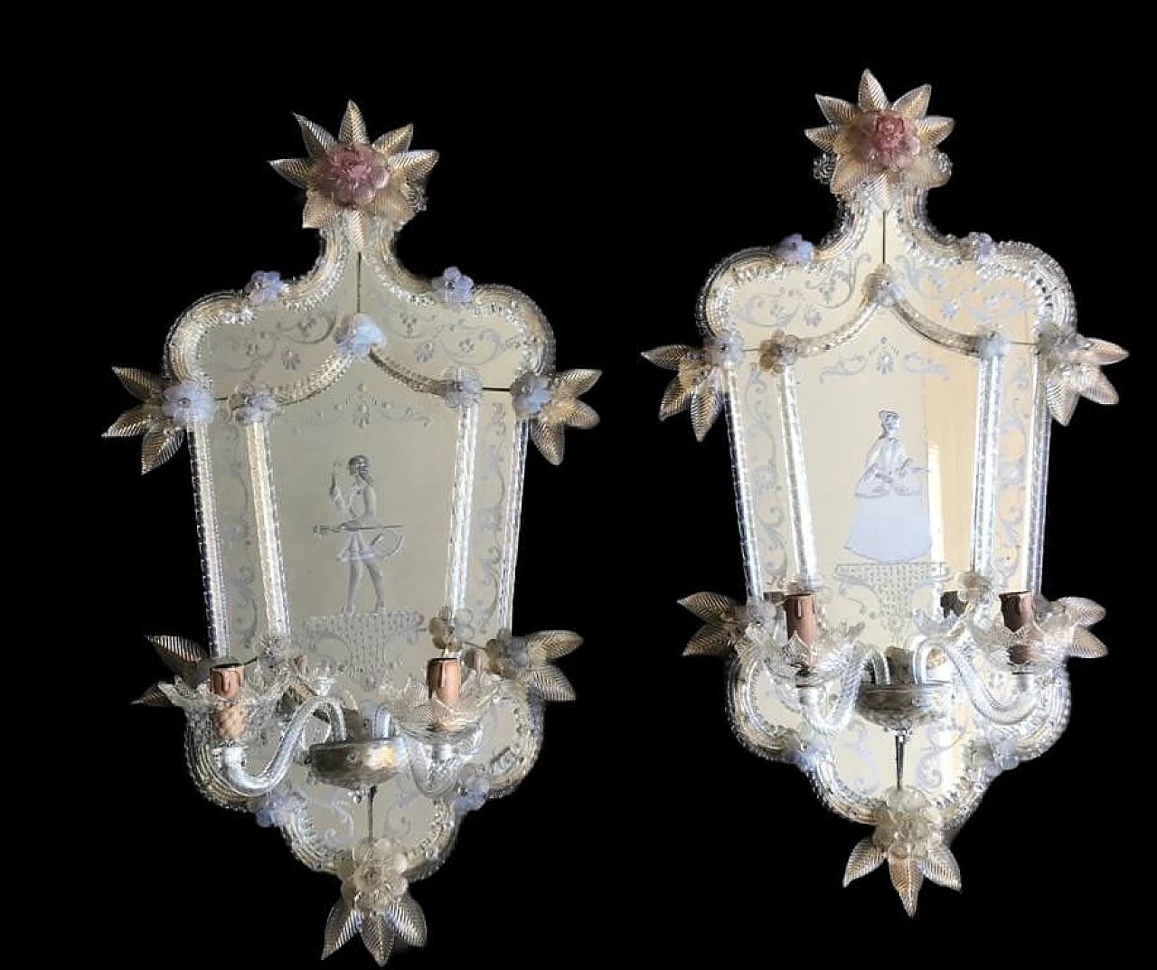 Pair of antique Murano glass wall lamps with mirror, 1930s 1258489