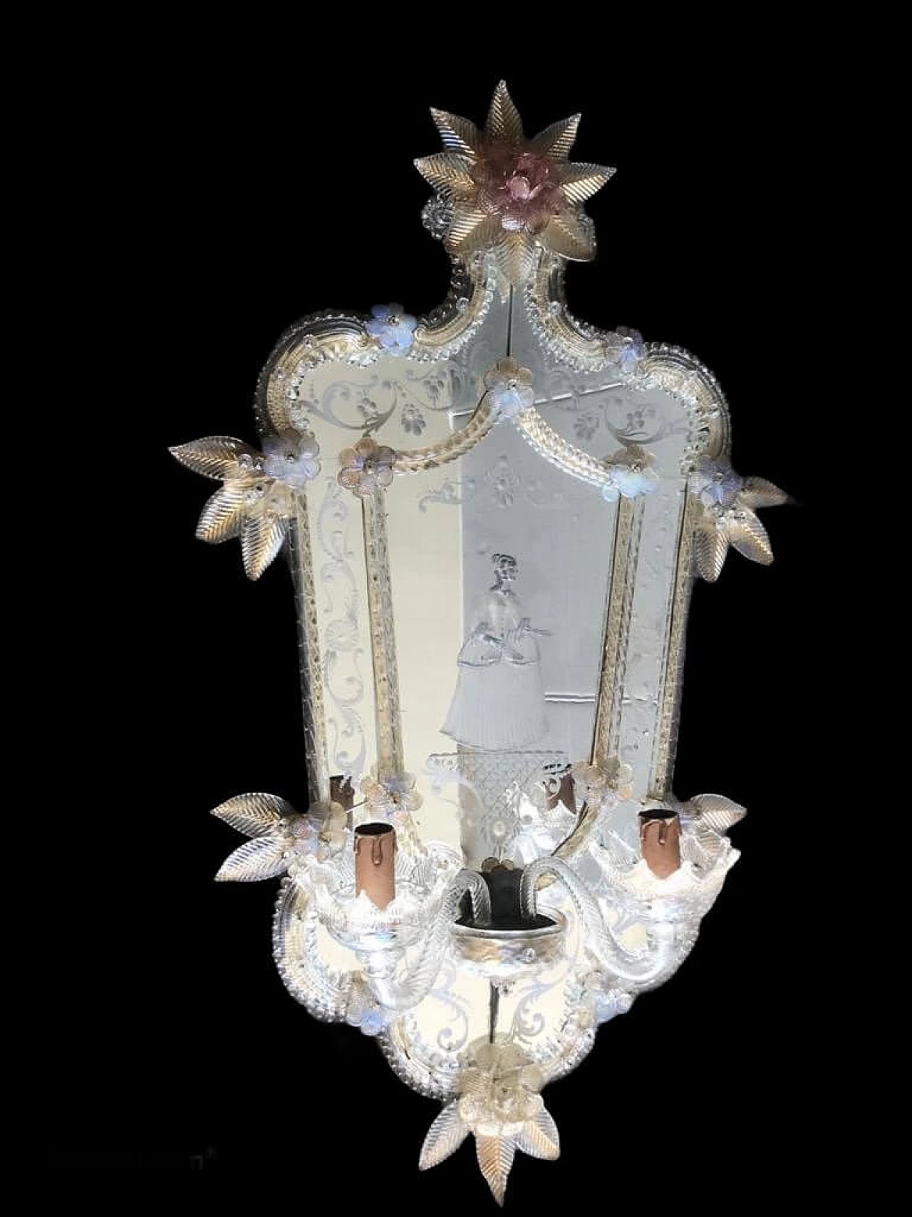 Pair of antique Murano glass wall lamps with mirror, 1930s 1258490