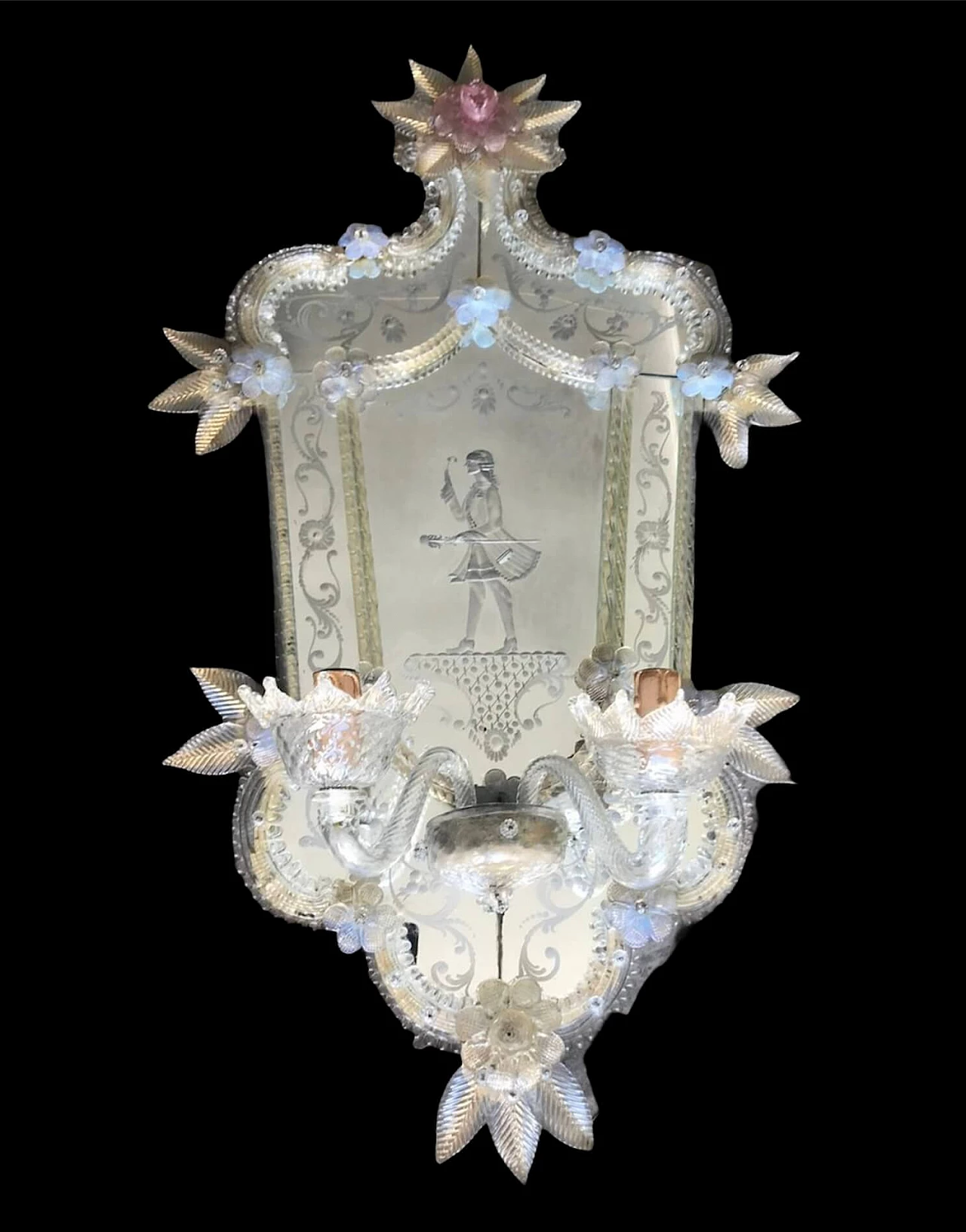 Pair of antique Murano glass wall lamps with mirror, 1930s 1258491