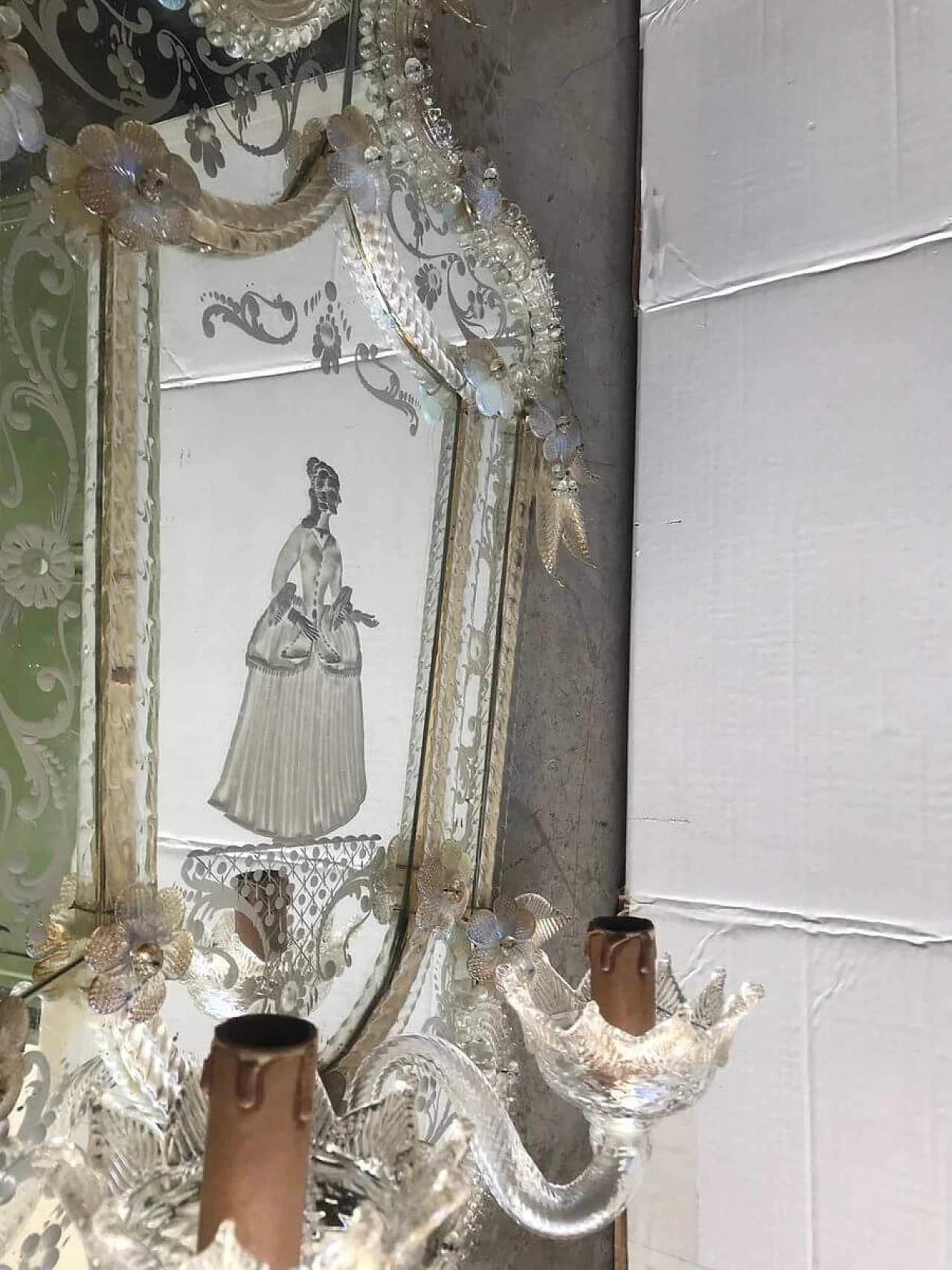 Pair of antique Murano glass wall lamps with mirror, 1930s 1258495