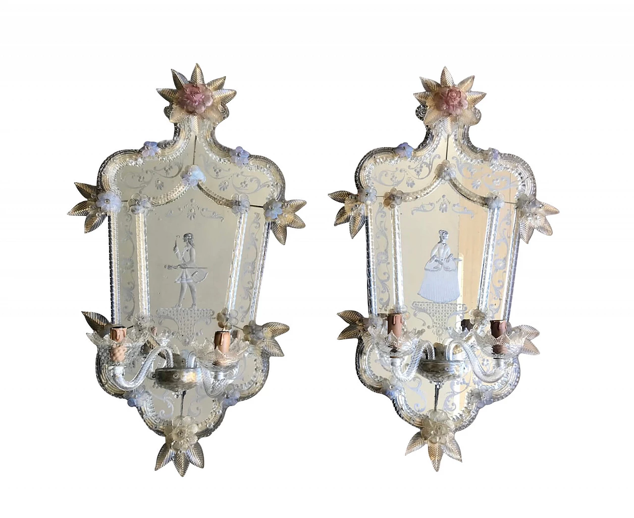 Pair of antique Murano glass wall lamps with mirror, 1930s 1258588