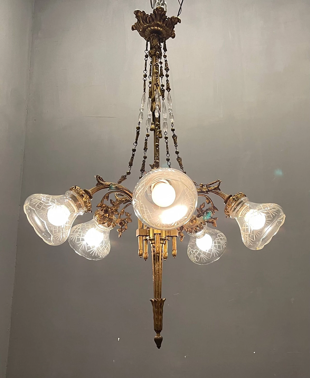 Lampadario in bronzo in stile Liberty, anni '40 1266234