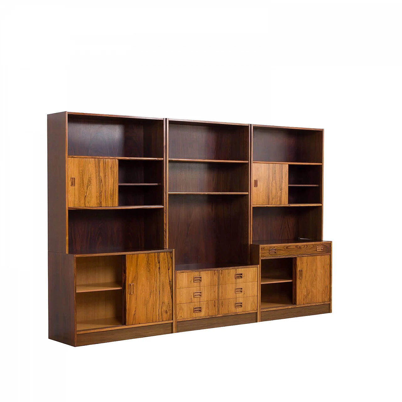 Modular bookshelf system with 3 bays wall unit in Rio rosewood, 70s 1270439