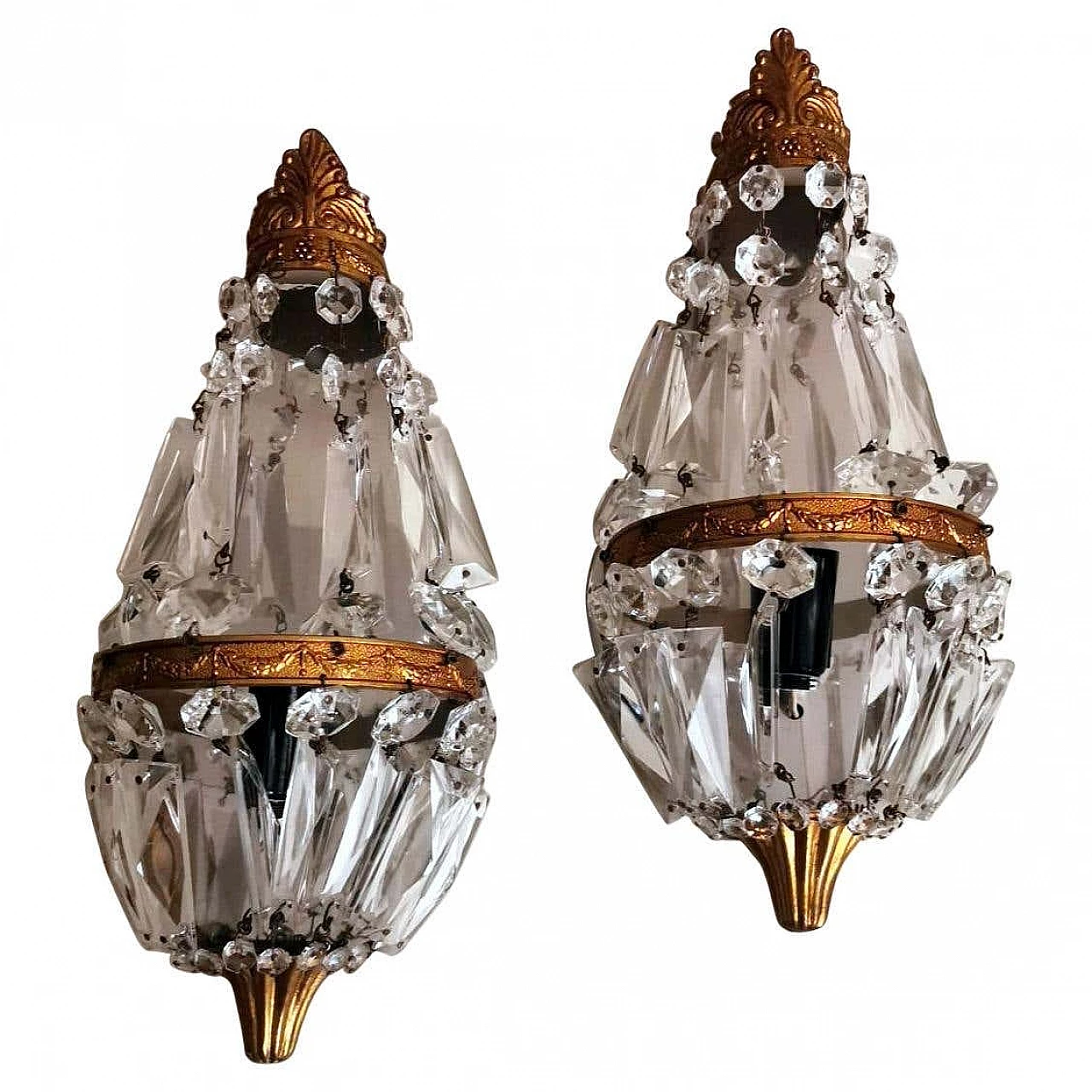 Pair of Louis XVI style balloon wall sconces in brass and crystal, 10s 1271854