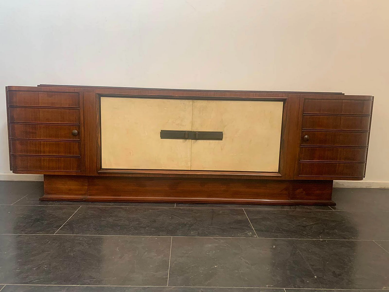 Art Deco sideboard in rosewood and parchment with black glass top, 1930s 1275540