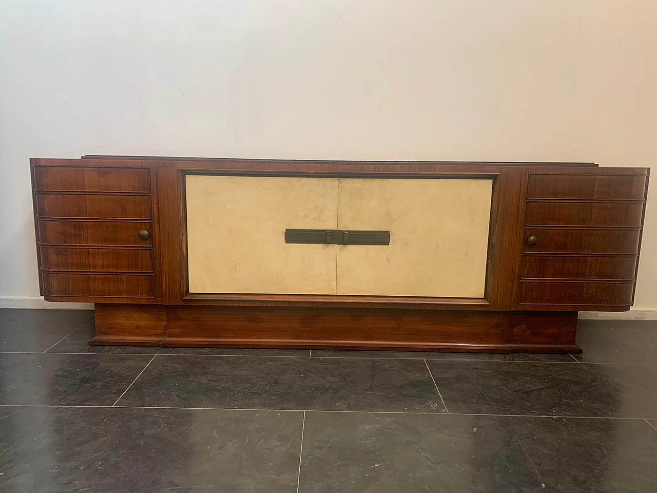 Art Deco sideboard in rosewood and parchment with black glass top, 1930s 1275541