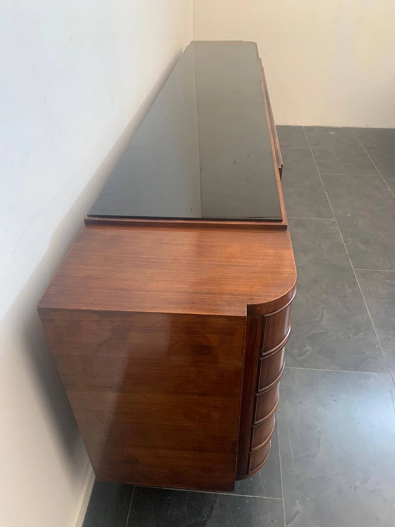 Art Deco sideboard in rosewood and parchment with black glass top, 1930s 1275552