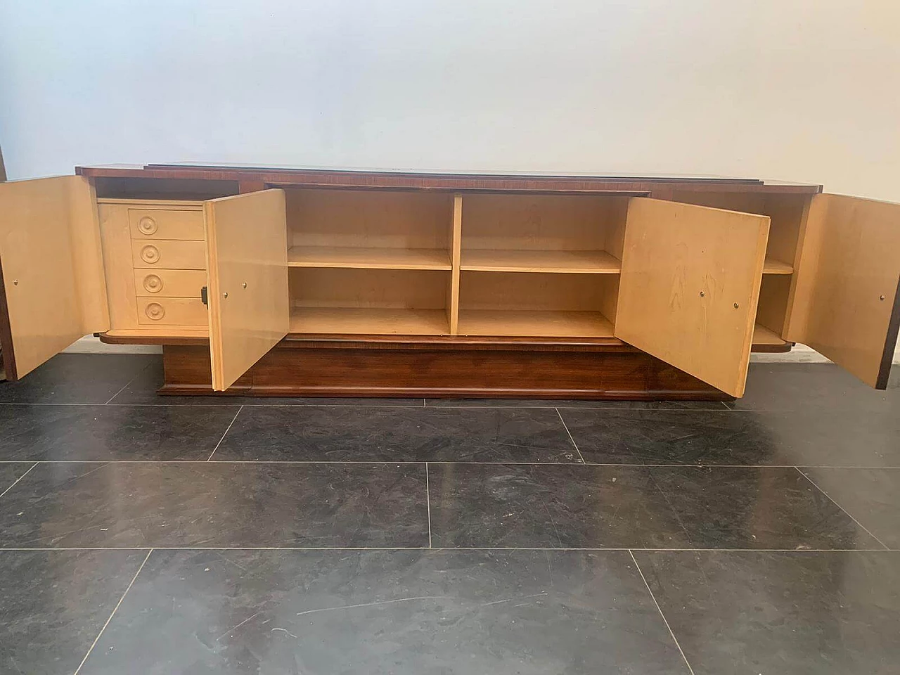 Art Deco sideboard in rosewood and parchment with black glass top, 1930s 1275556