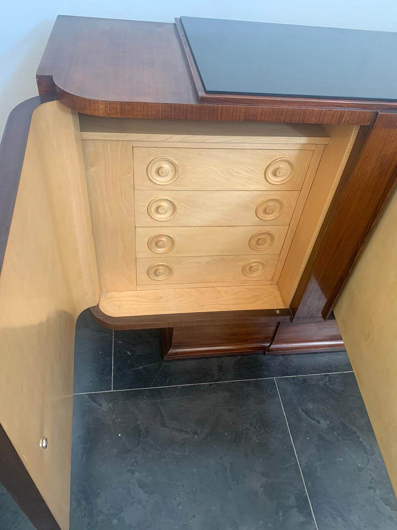 Art Deco sideboard in rosewood and parchment with black glass top, 1930s 1275557