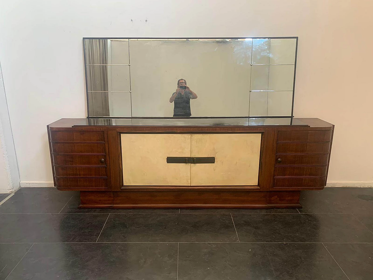 Art Deco sideboard in rosewood and parchment with black glass top, 1930s 1275559