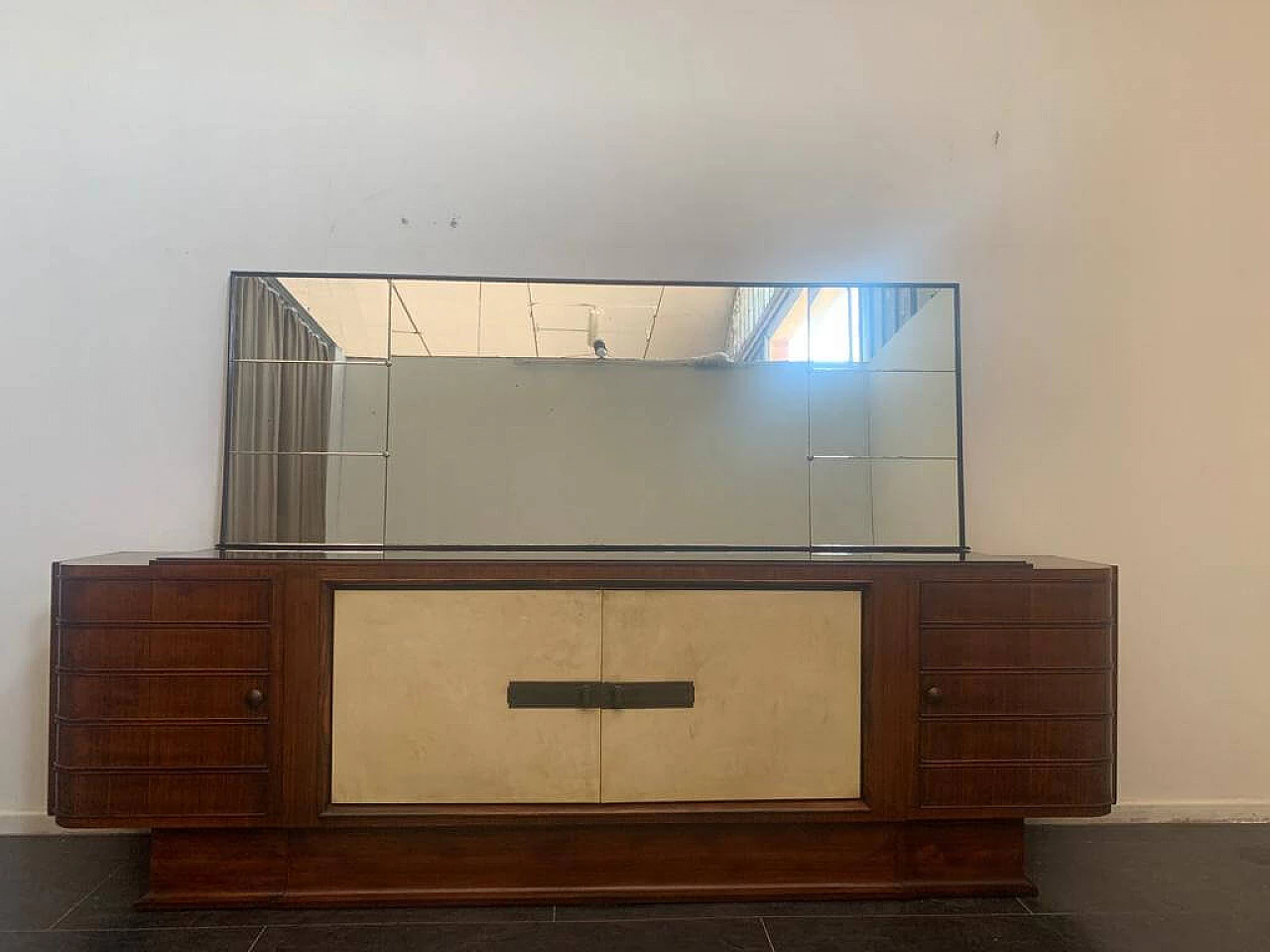 Art Deco sideboard in rosewood and parchment with black glass top, 1930s 1275560