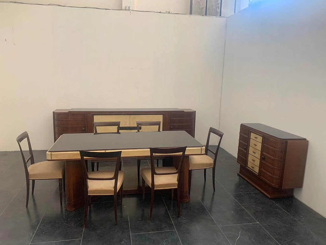 Art Deco sideboard in rosewood and parchment with black glass top, 1930s 1275561