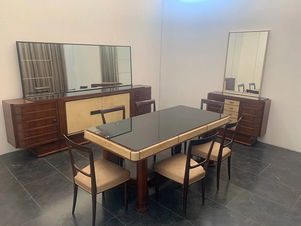 Art Deco sideboard in rosewood and parchment with black glass top, 1930s 1275562