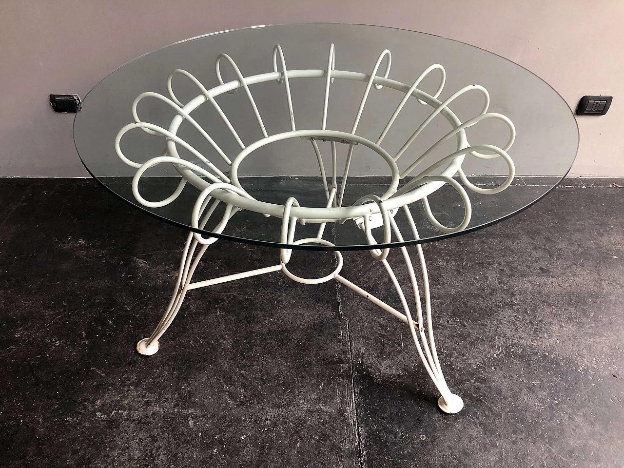 Round iron table with glass top, 1950s 1280471