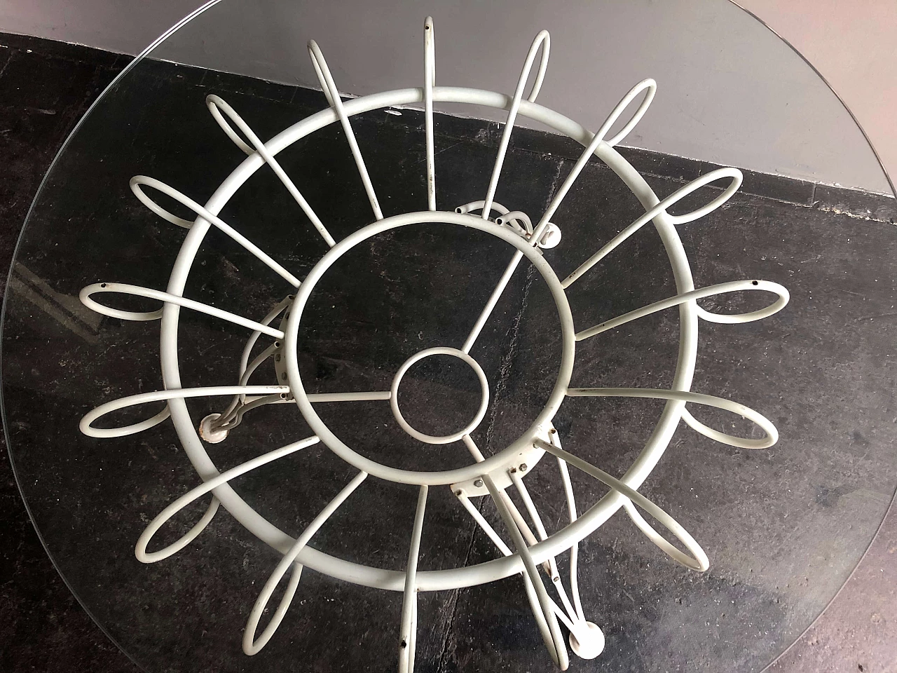 Round iron table with glass top, 1950s 1280474