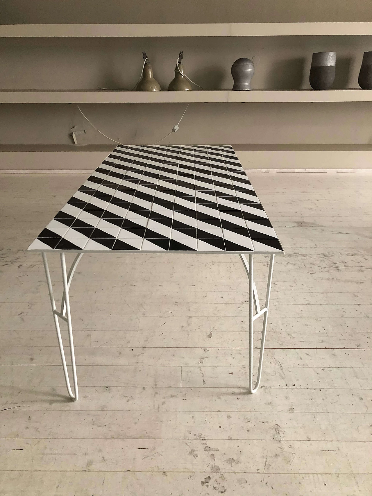 Iron table with black and white ceramic tile top 1282910