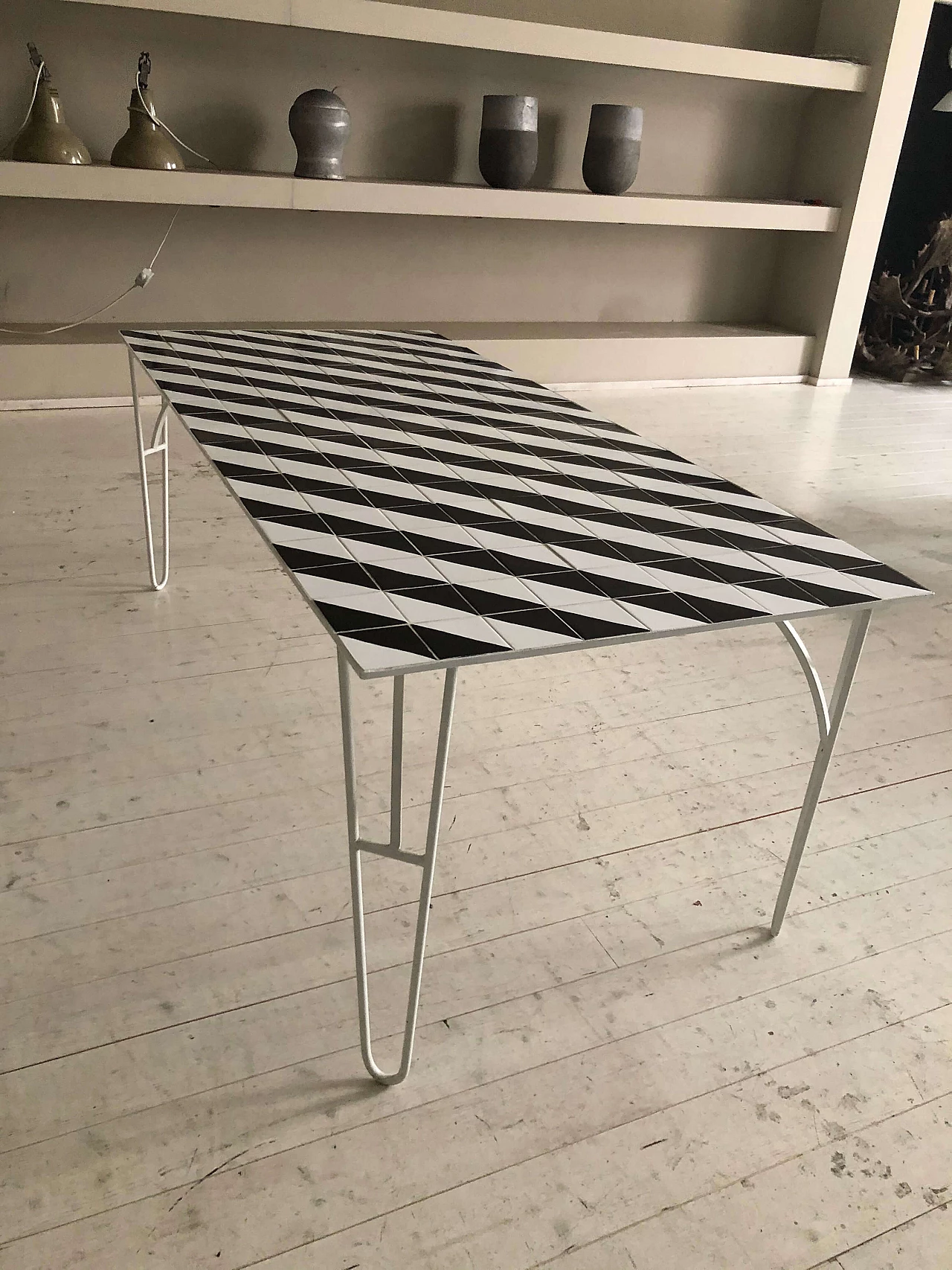 Iron table with black and white ceramic tile top 1282911