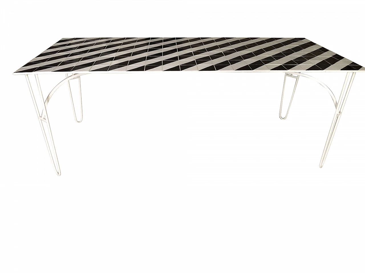 Iron table with black and white ceramic tile top 1283000