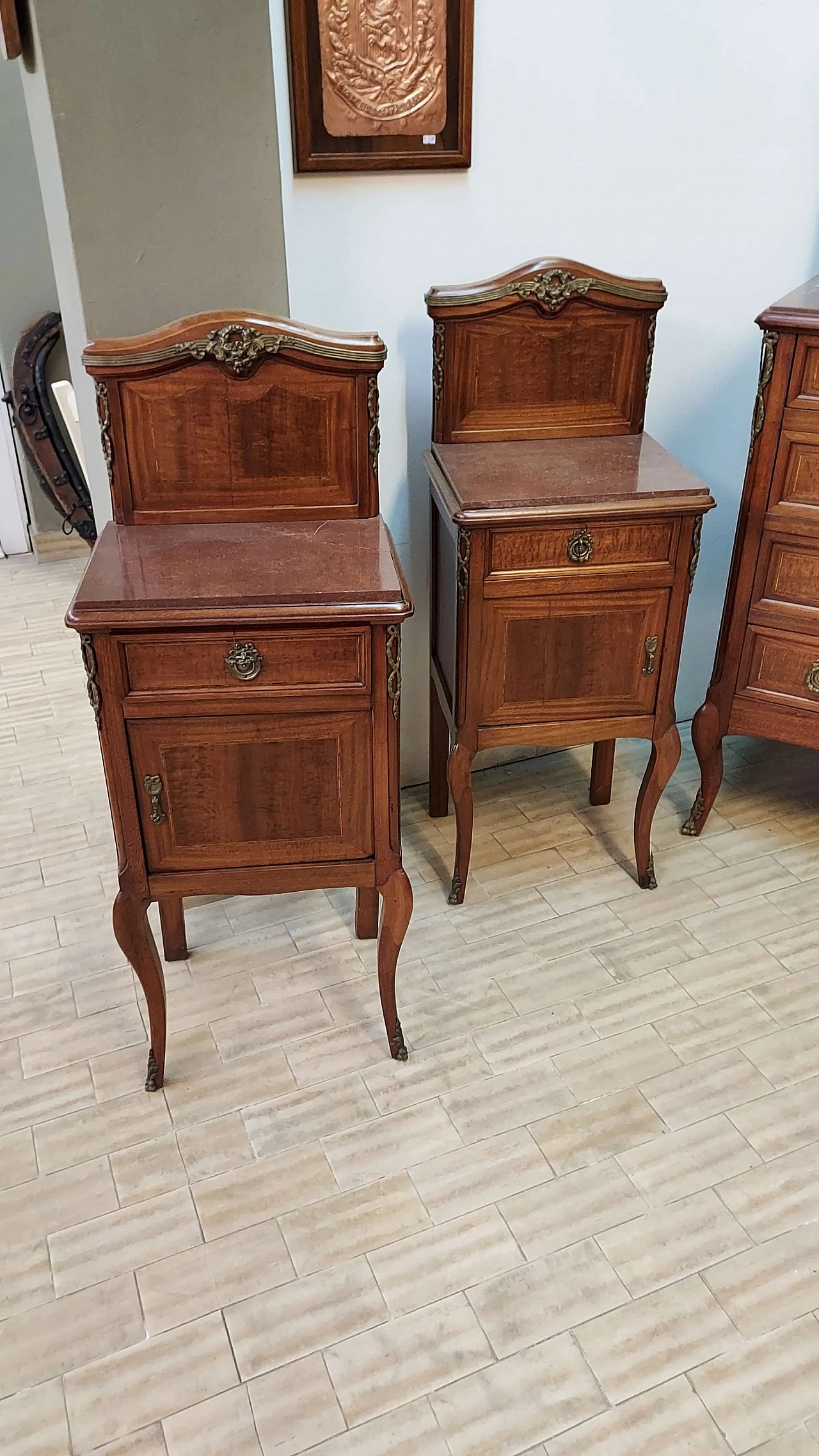 Chest of drawers with pair of bedside tables and chairs, early 20th century 1283995