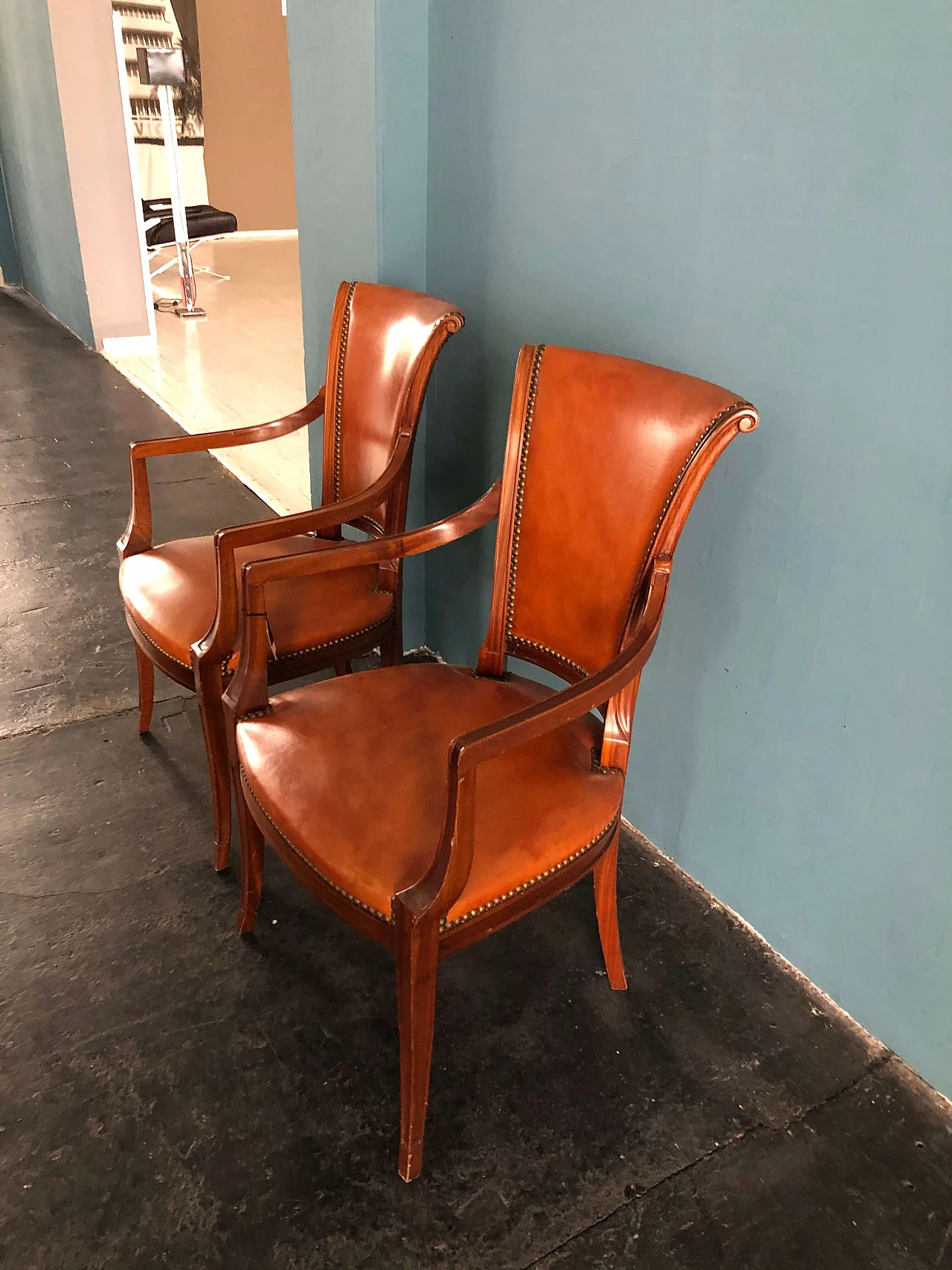 Pair of small neoclassical armchairs Empire style in walnut and leather 1290057