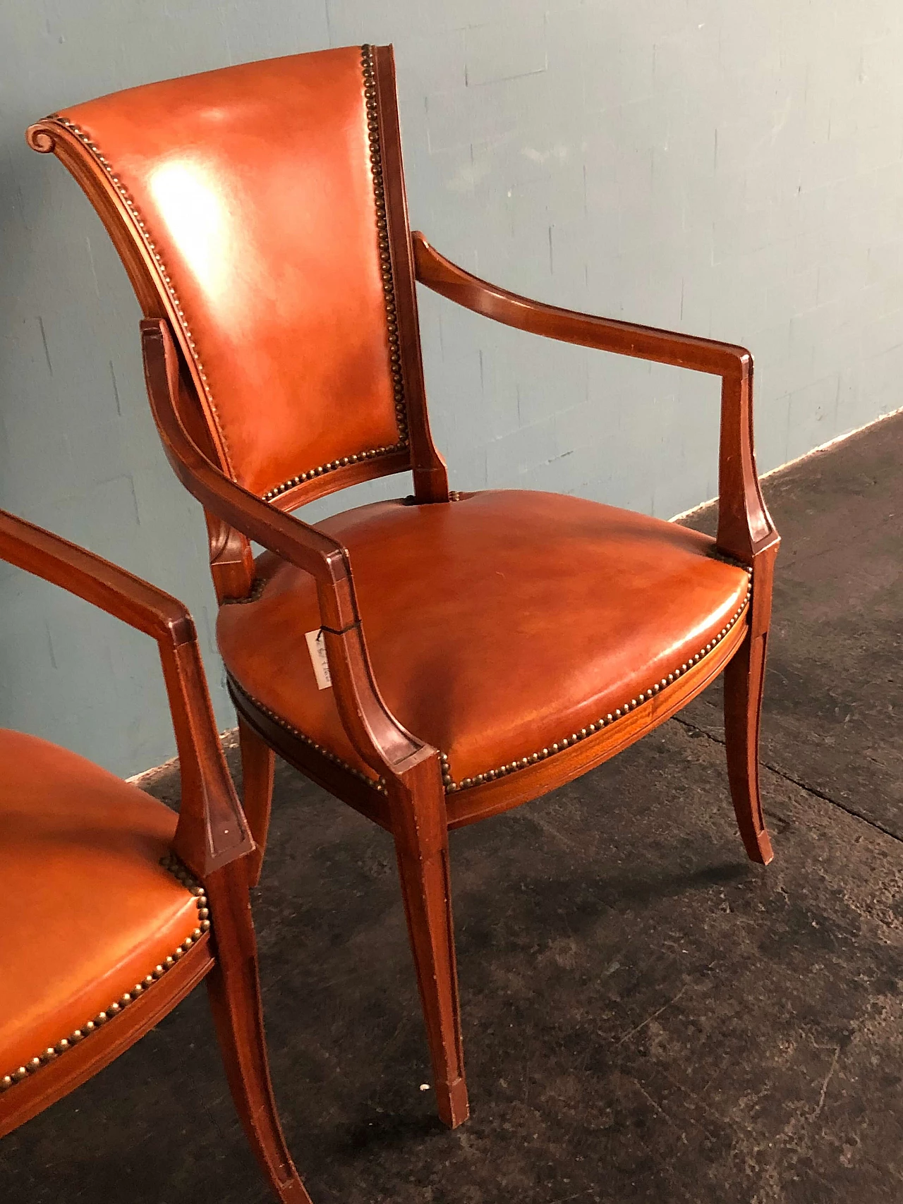 Pair of small neoclassical armchairs Empire style in walnut and leather 1290059