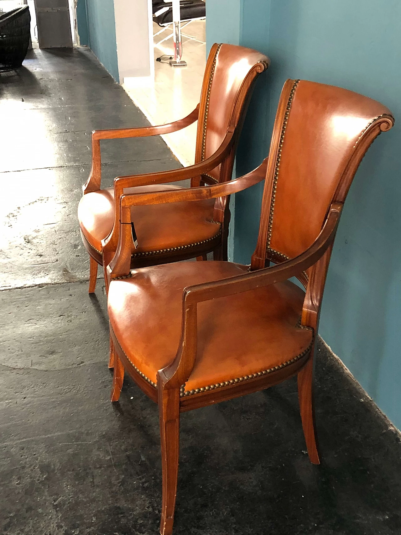 Pair of small neoclassical armchairs Empire style in walnut and leather 1290060