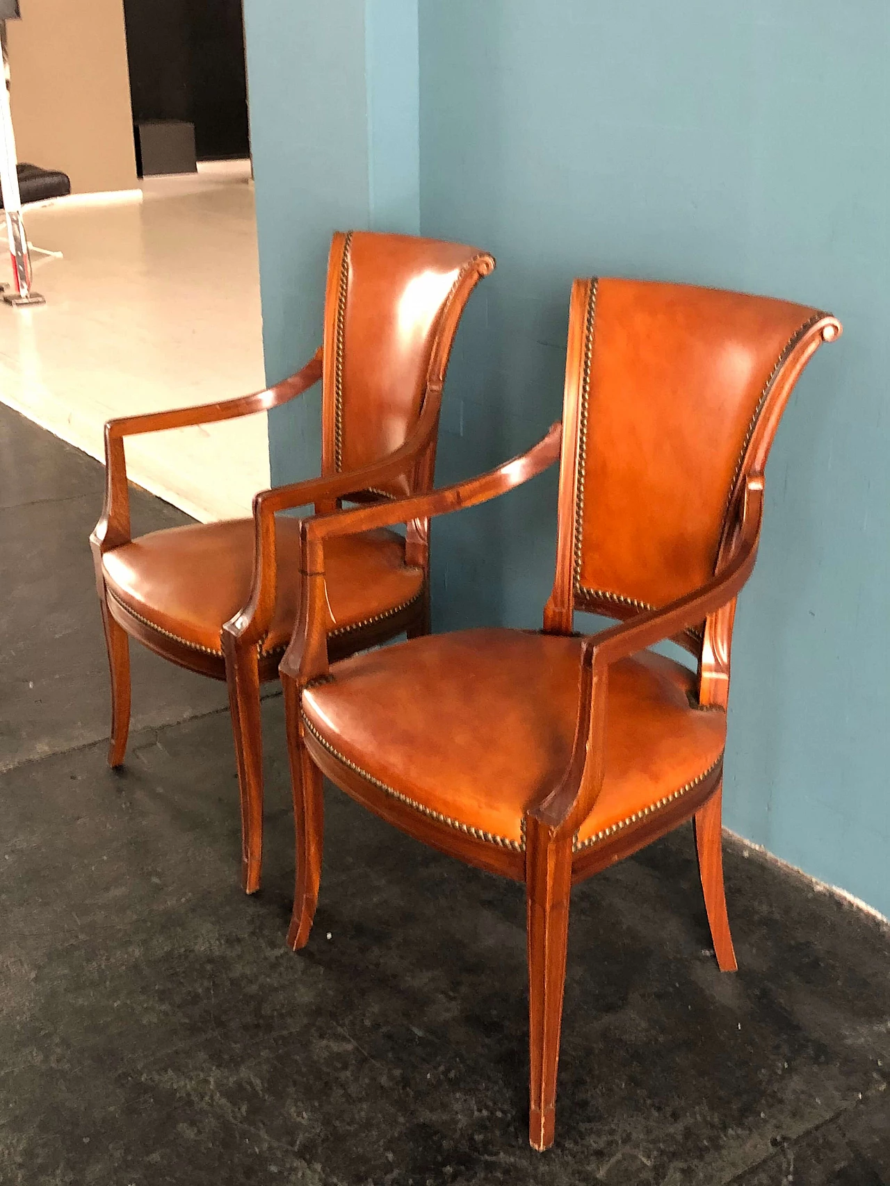 Pair of small neoclassical armchairs Empire style in walnut and leather 1290061