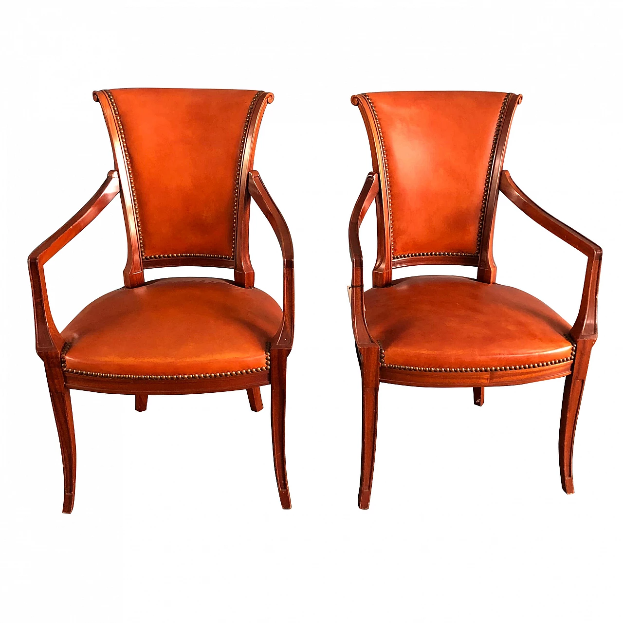 Pair of small neoclassical armchairs Empire style in walnut and leather 1290069