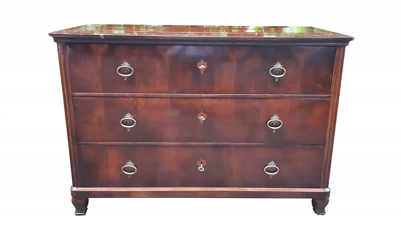 Biedermeier chest of drawers veneered in walnut and briar, 19th century 1303121