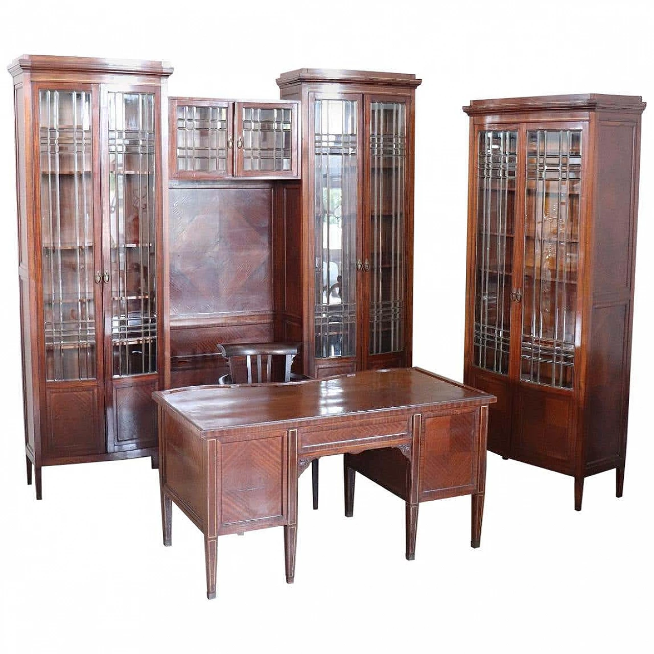 Art Nouveau office with large bookcase and mahogany desk, 1920s 1303572