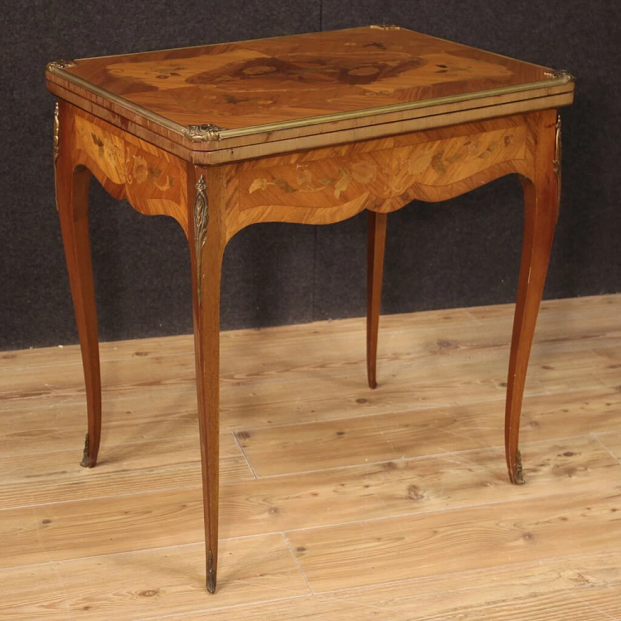 Inlaid wooden card table with fabric top, France 1304956