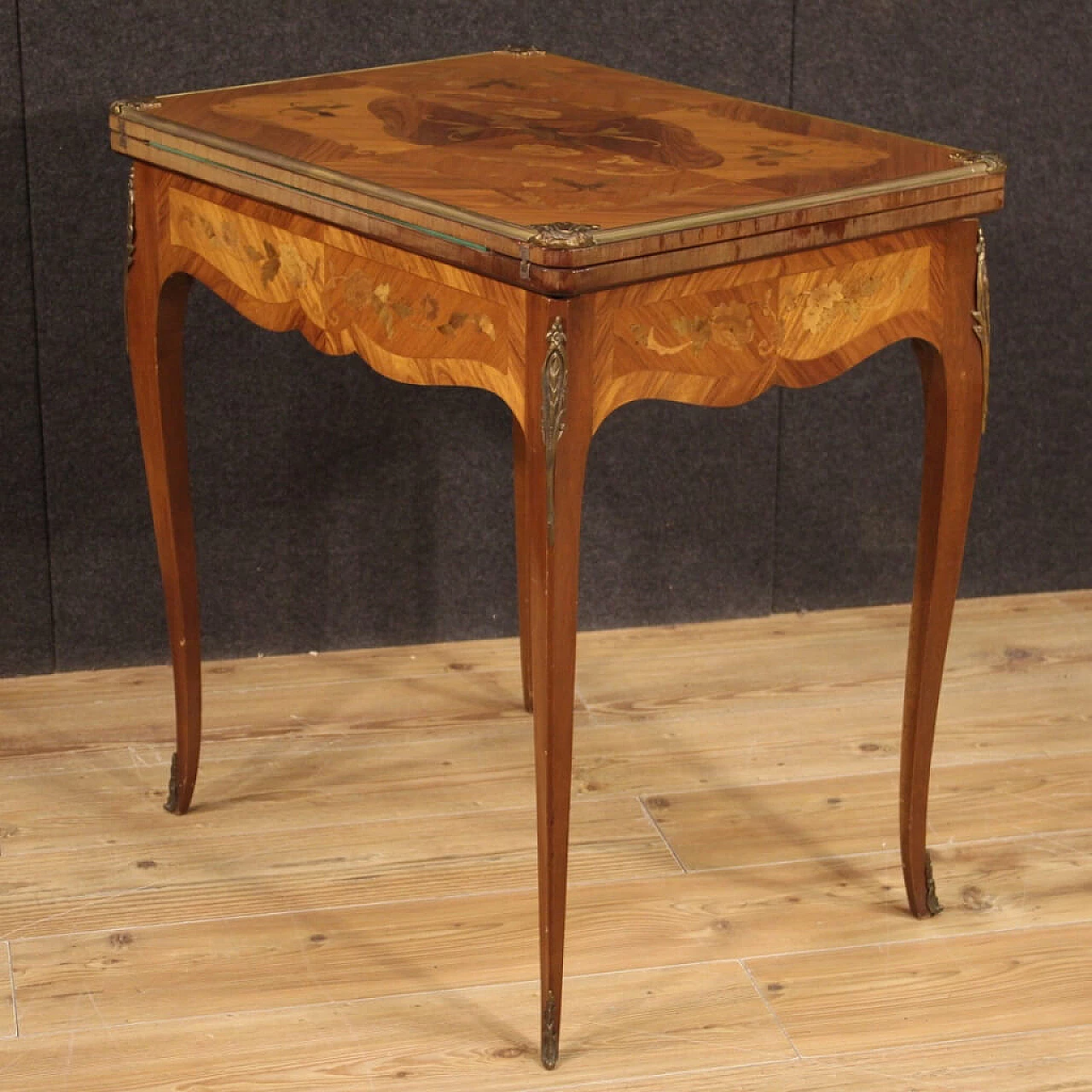 Inlaid wooden card table with fabric top, France 1304958