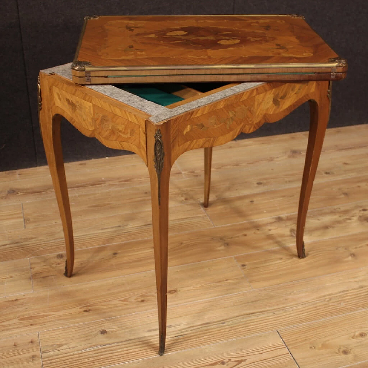 Inlaid wooden card table with fabric top, France 1304959