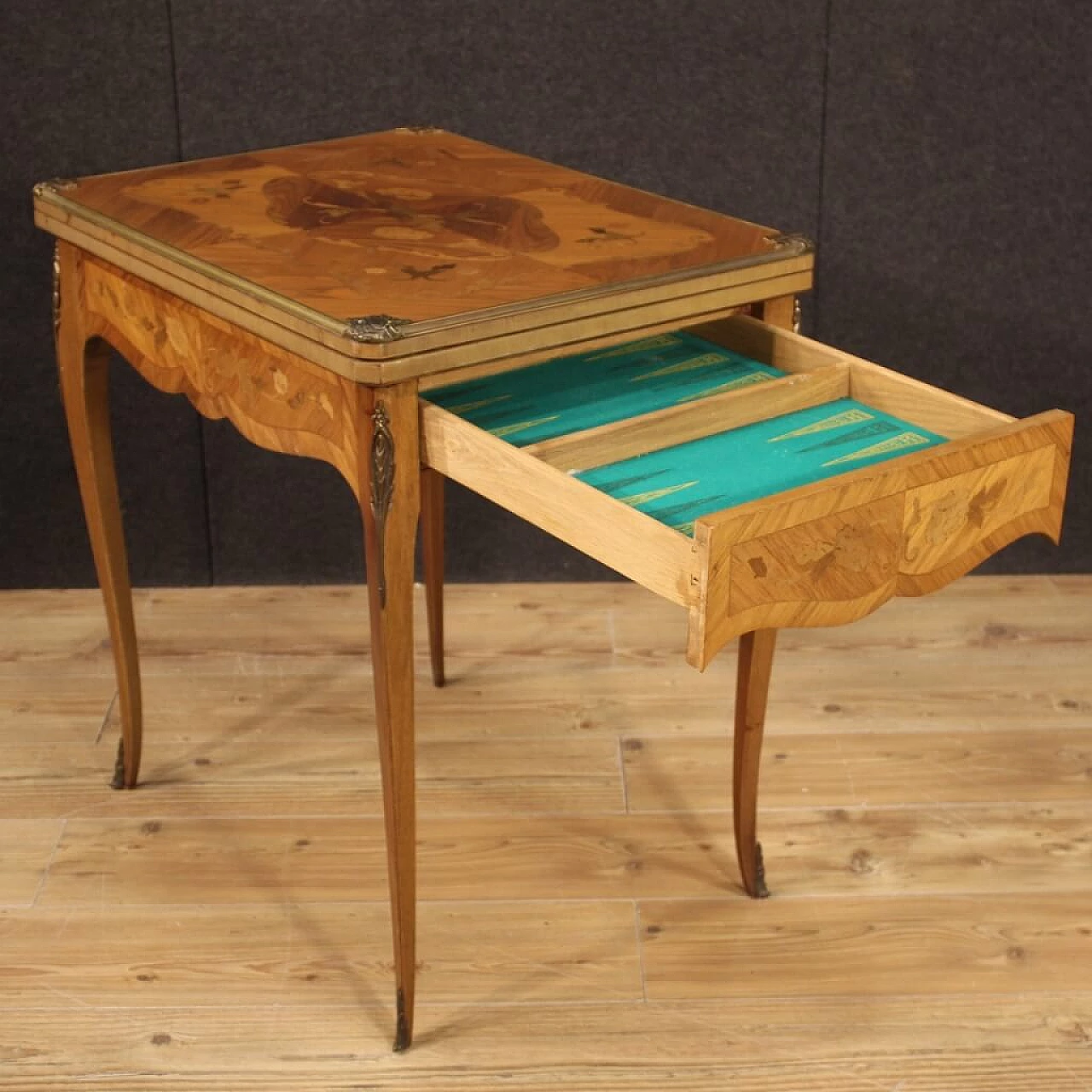 Inlaid wooden card table with fabric top, France 1304963