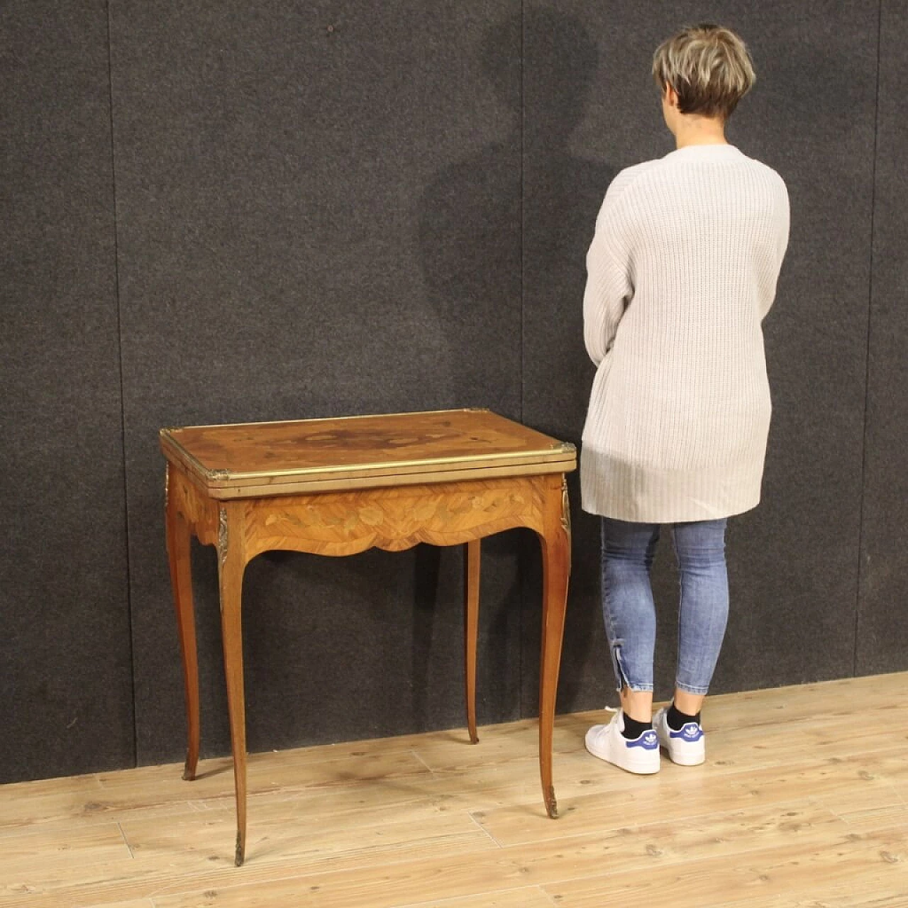 Inlaid wooden card table with fabric top, France 1304967