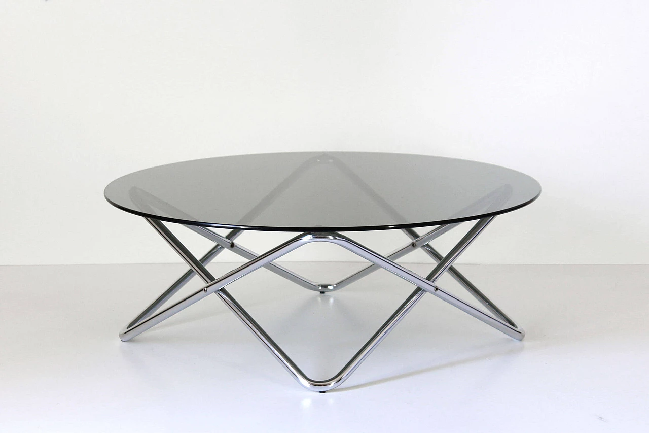 Space Age coffee table in glass and chromed steel, 1970s 1307963