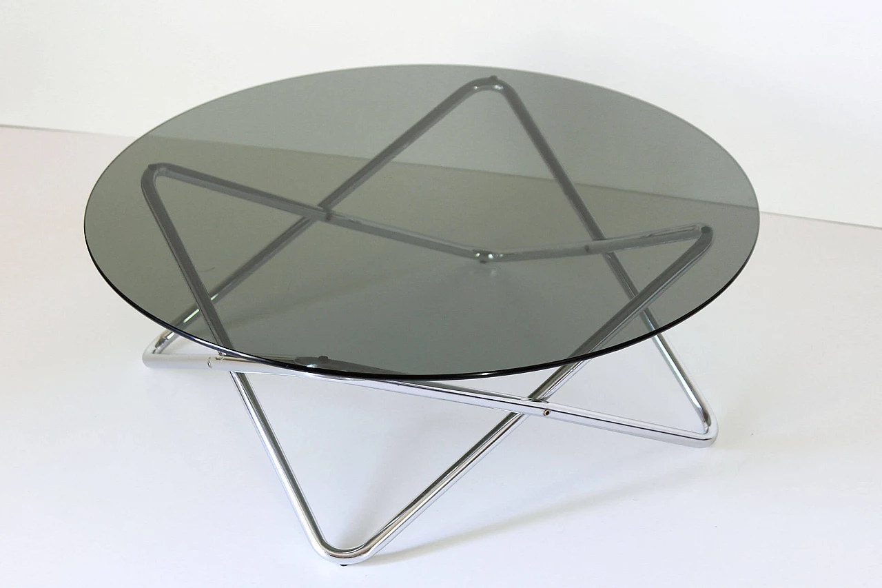 Space Age coffee table in glass and chromed steel, 1970s 1307966