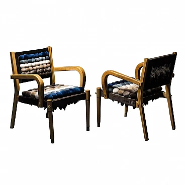 Pair of small armchairs in wood and velvet, 1970s