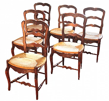 6 Provencal wooden chairs with straw seat, 19th century