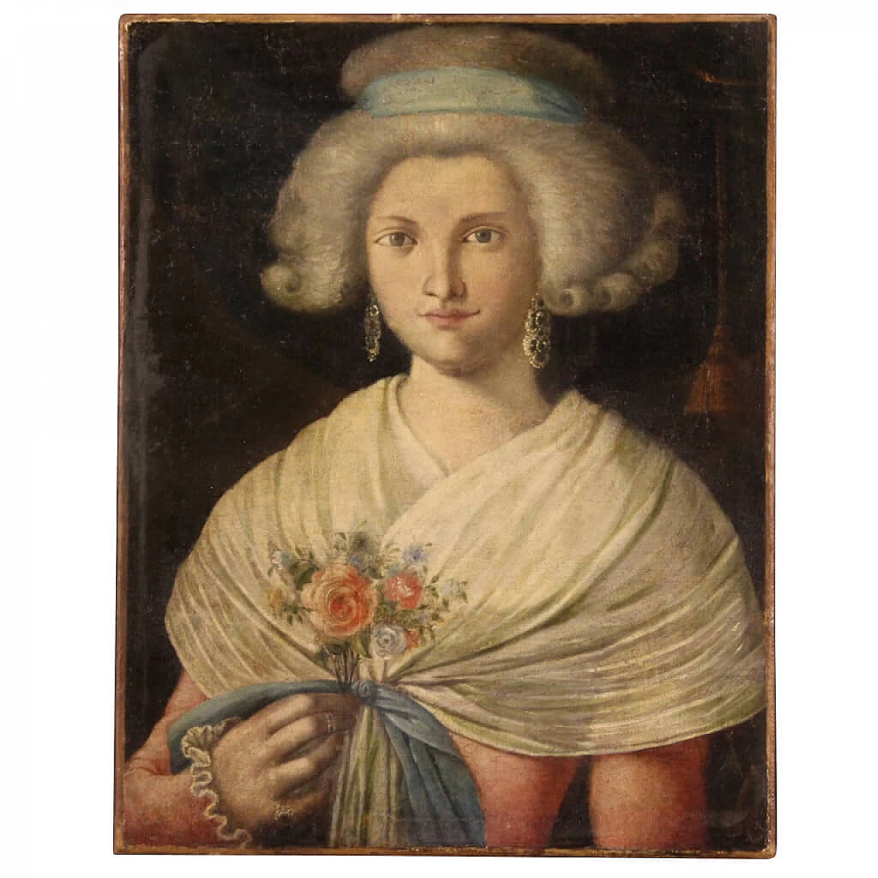 Lady with a bunch of flowers, French portrait oil on canvas, 18th century 1326936