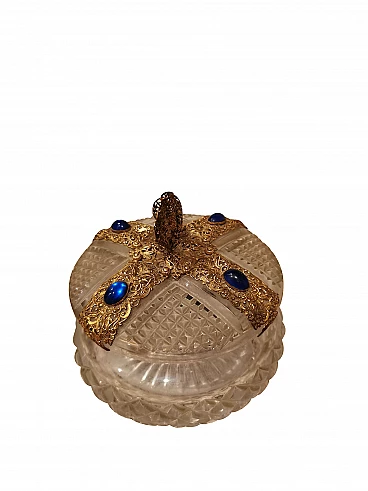 Glass jewellery box with blue stones, early 20th century