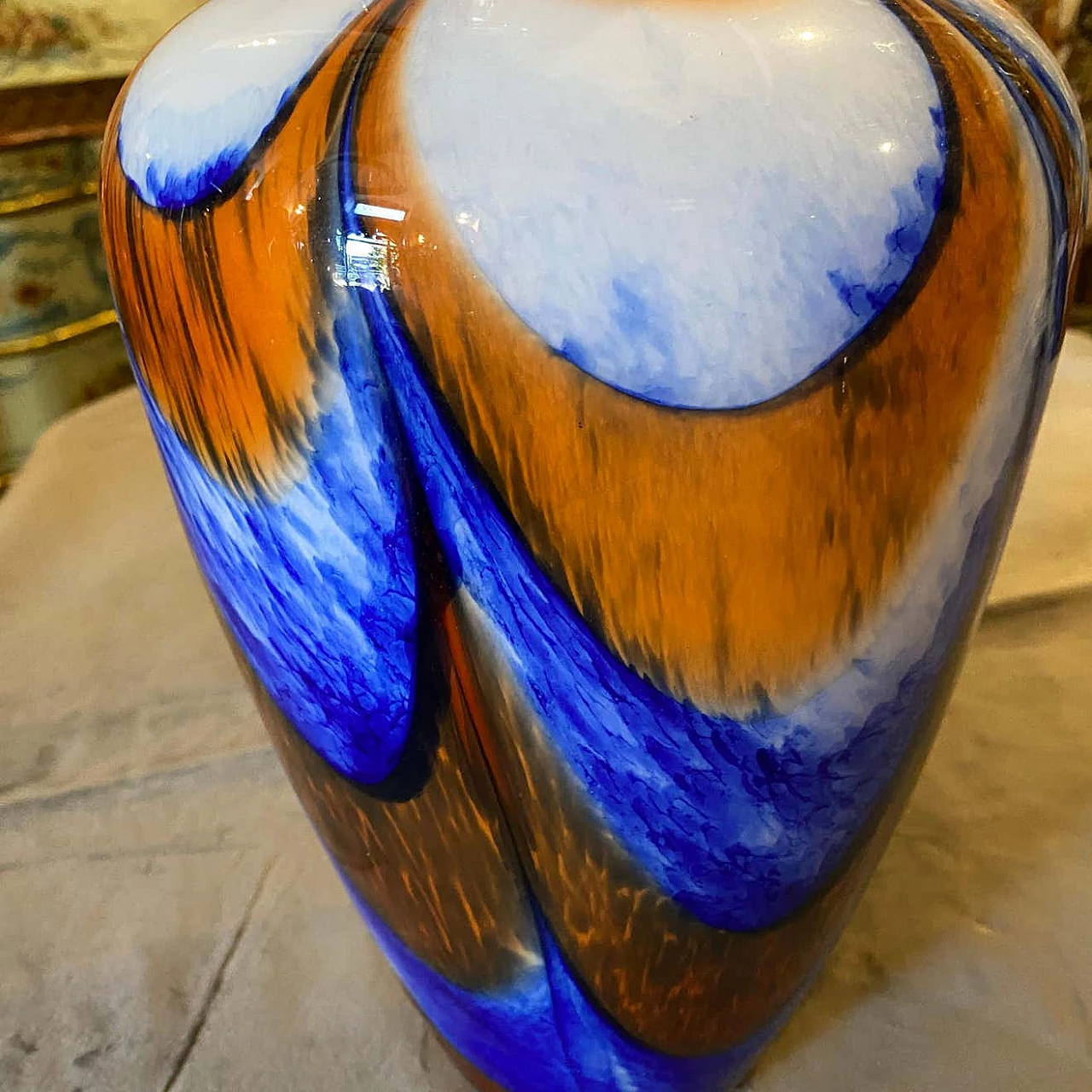 Vase in orange and blue Murano glass by Carlo Moretti, 70s 1333148