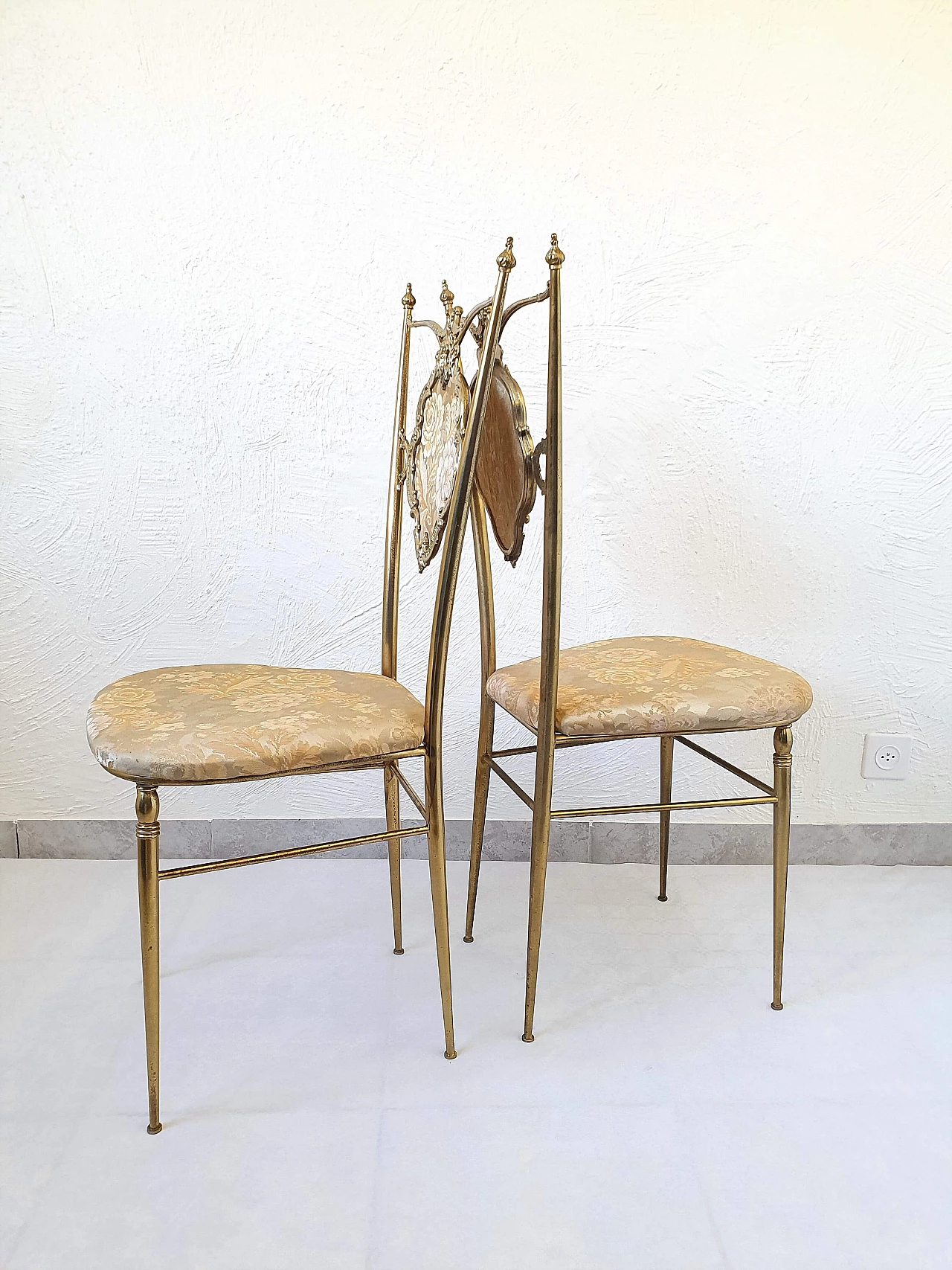 Pair of Chiavari brass chairs with silk seat and back, 1950s 1337674