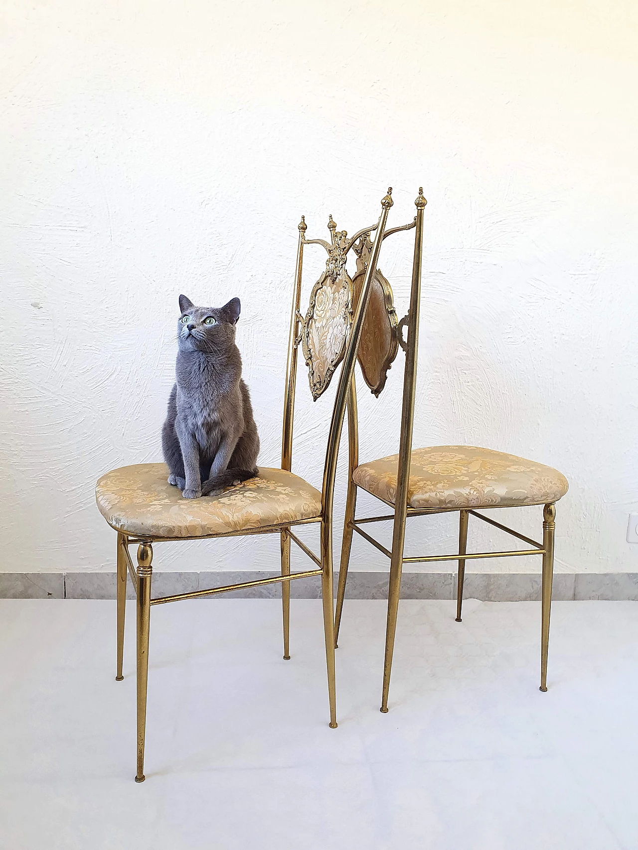 Pair of Chiavari brass chairs with silk seat and back, 1950s 1337677