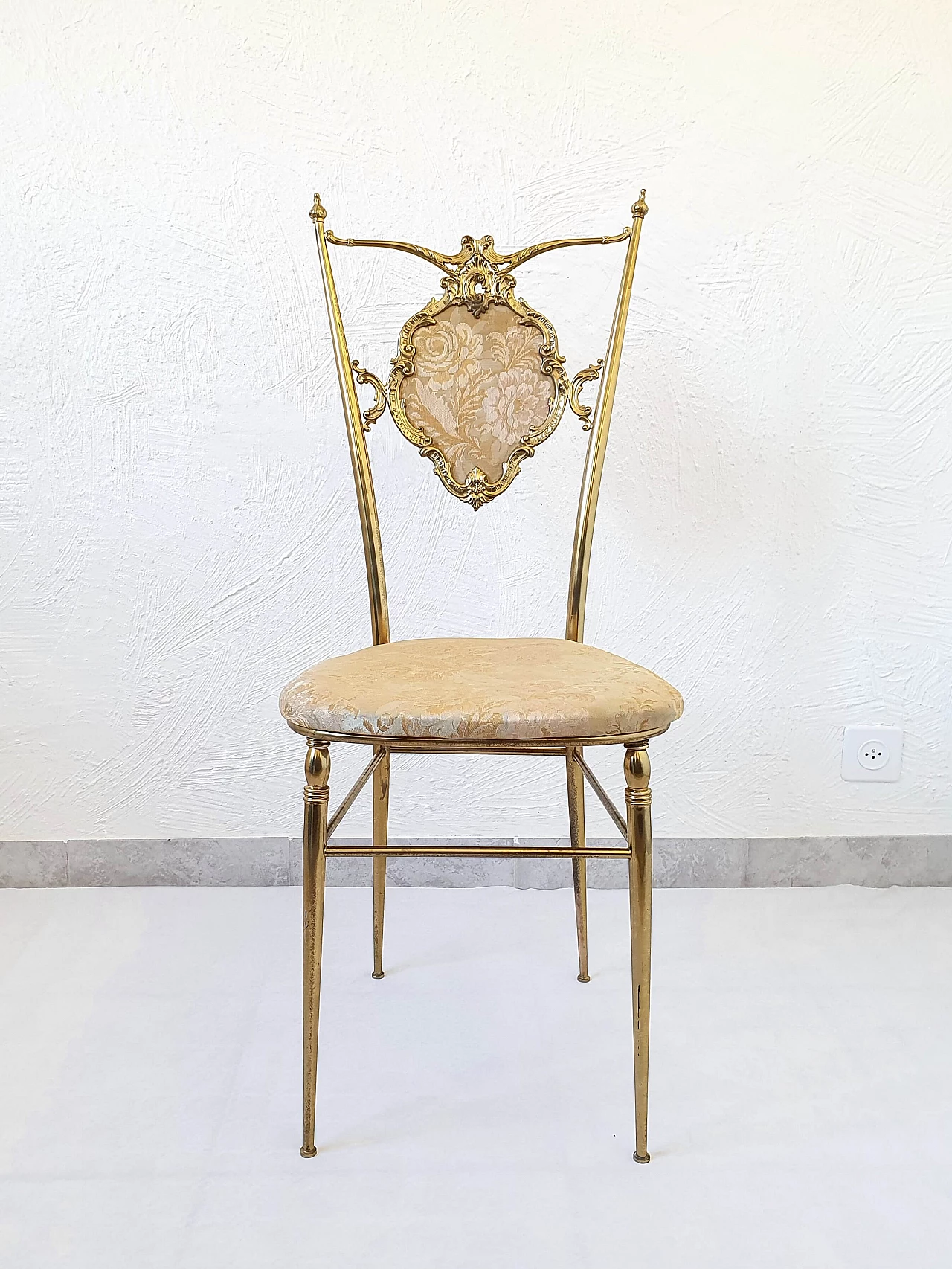 Pair of Chiavari brass chairs with silk seat and back, 1950s 1337678