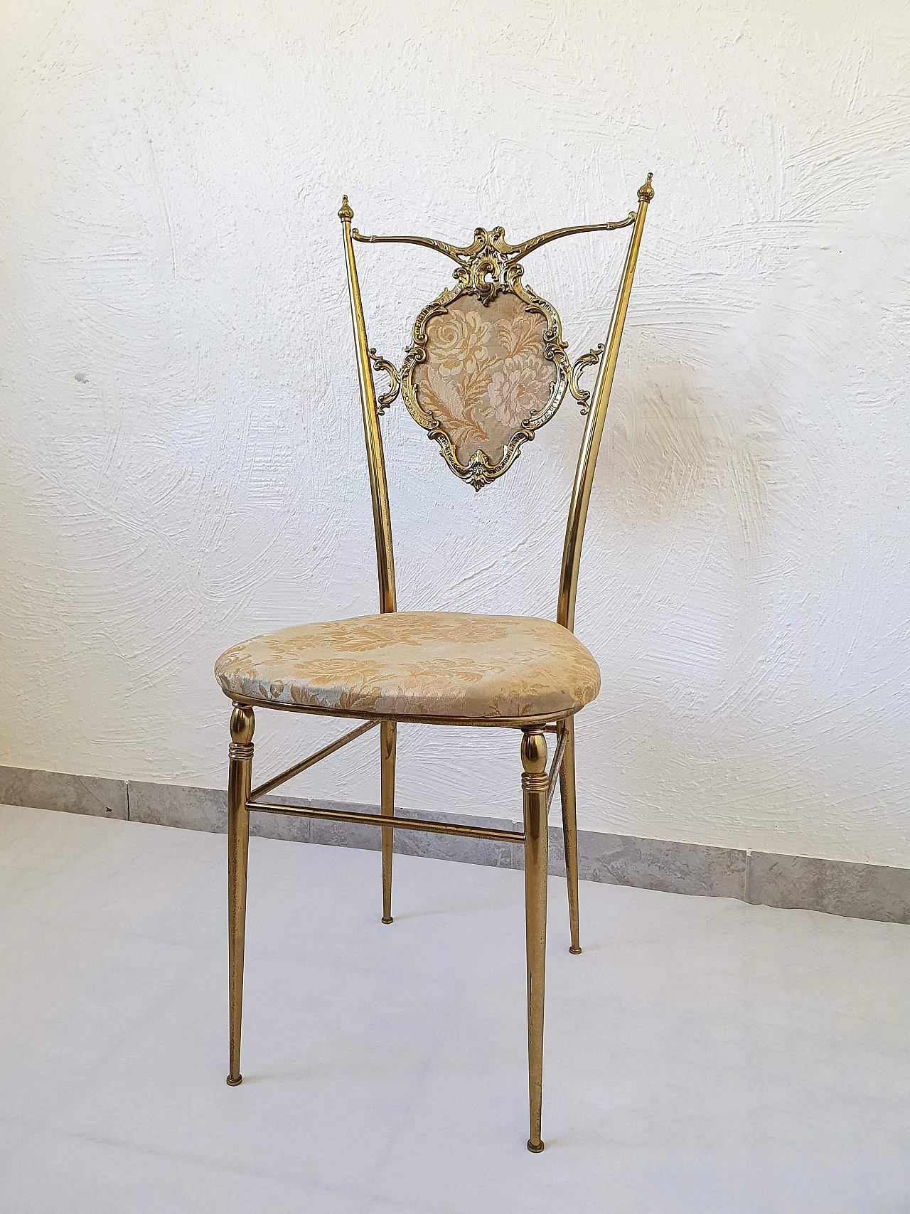 Pair of Chiavari brass chairs with silk seat and back, 1950s 1337679