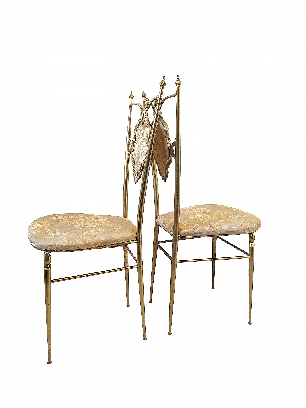 Pair of Chiavari brass chairs with silk seat and back, 1950s 1337921