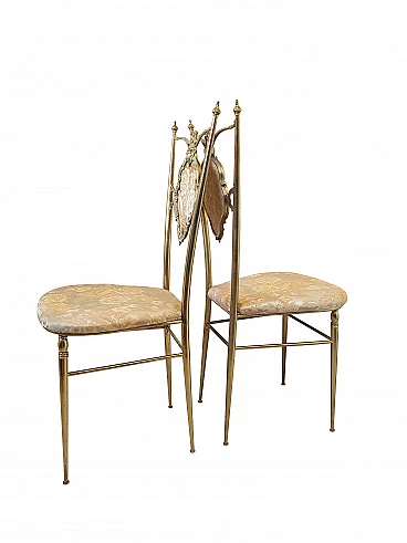 Pair of Chiavari brass chairs with silk seat and back, 1950s